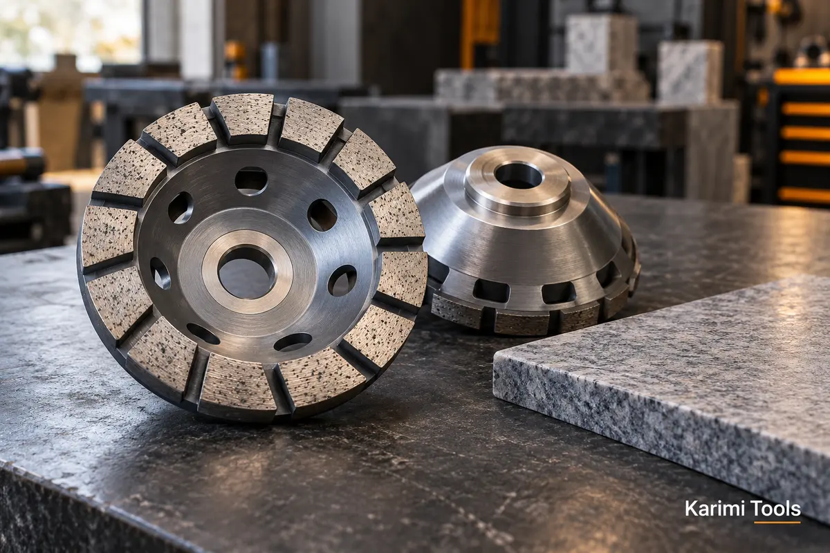 Two diamond cup wheels showing segments and mounting beside a stone sample, with a Karimi Tools watermark