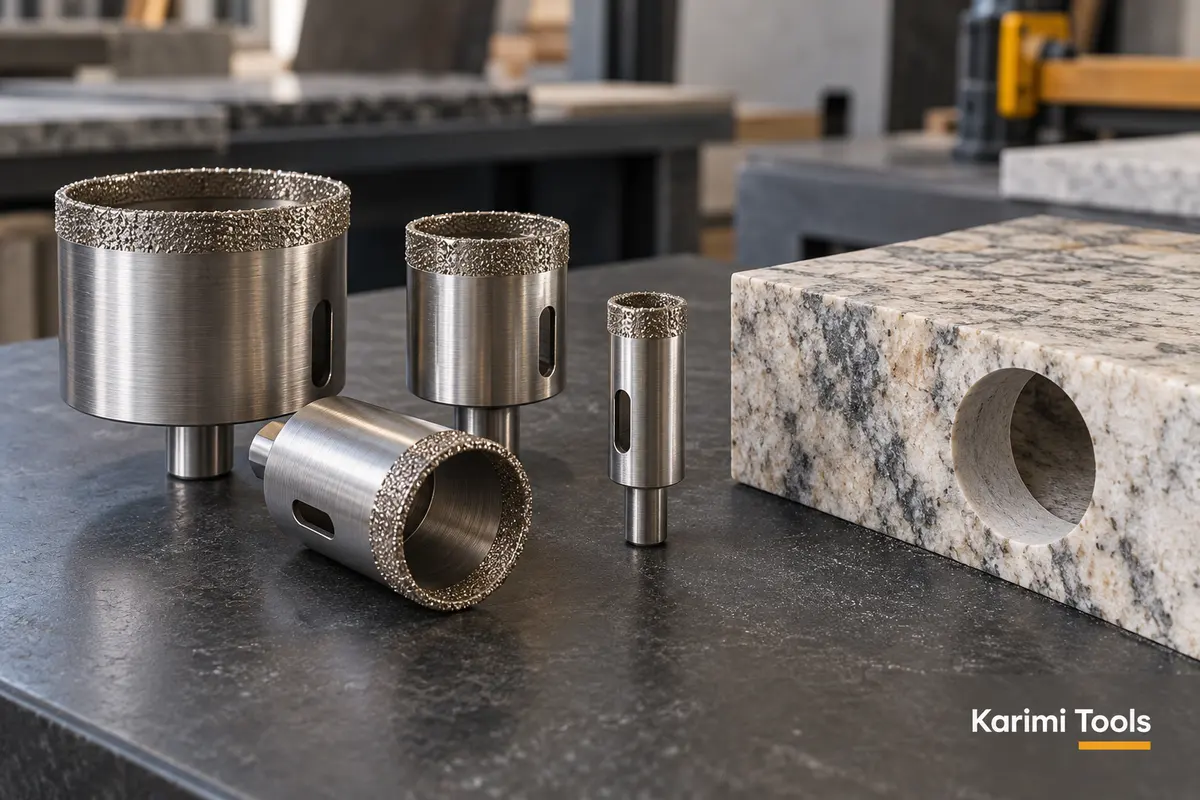Diamond core bits in several diameters beside a drilled stone sample, with a Karimi Tools watermark