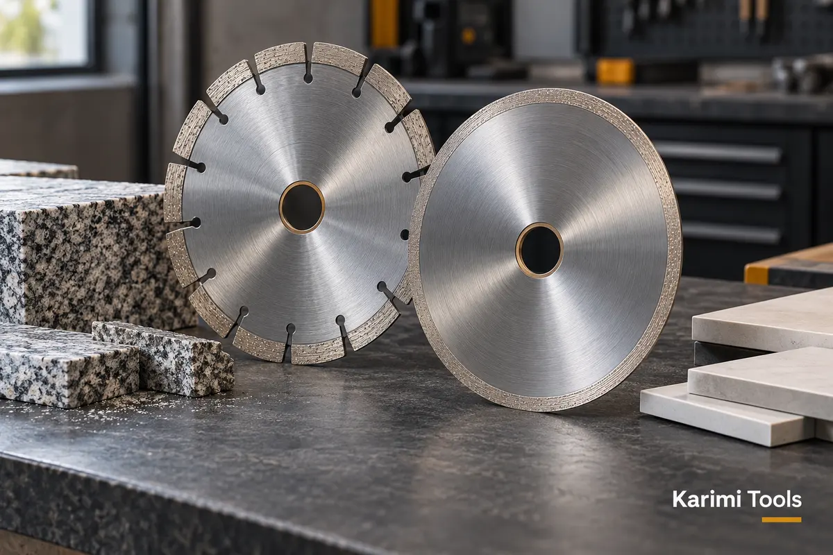 Segmented and continuous-rim cutting blades beside stone and tile samples, with a Karimi Tools watermark