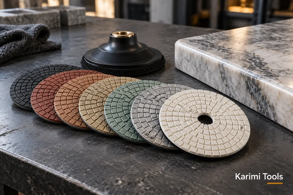 Diamond polishing pads and a backing pad beside a polished stone edge, with a Karimi Tools watermark