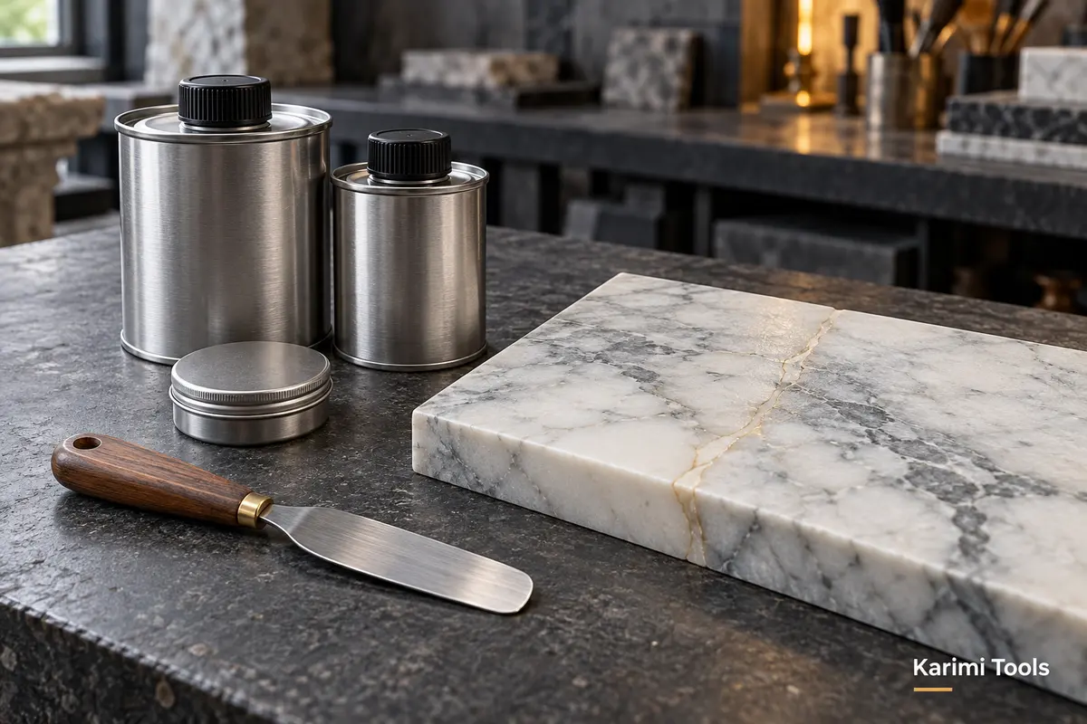 Closed adhesive containers and a palette knife beside a repaired stone sample, with a Karimi Tools watermark